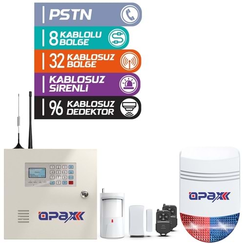 OPAX-2545+BGR-09+AKÜ PSTN PANEL & BGR-09 KABLOSUZ SİRENLİ AKÜ DAHİL FULL ALARM SETİ
