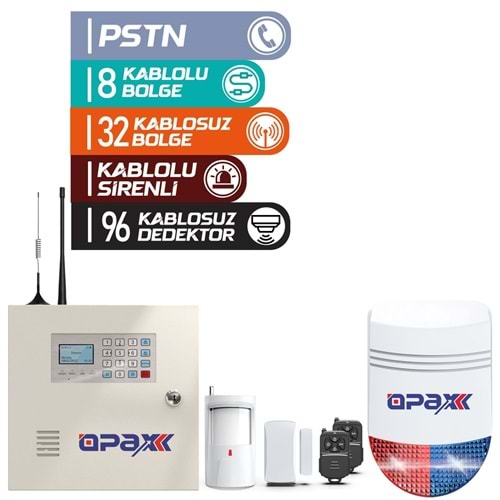 OPAX-2545+BGR-10+AKÜ PSTN PANEL & BGR-10 KABLOLU SİRENLİ FULL ALARM SETİ AKÜ DAHİL